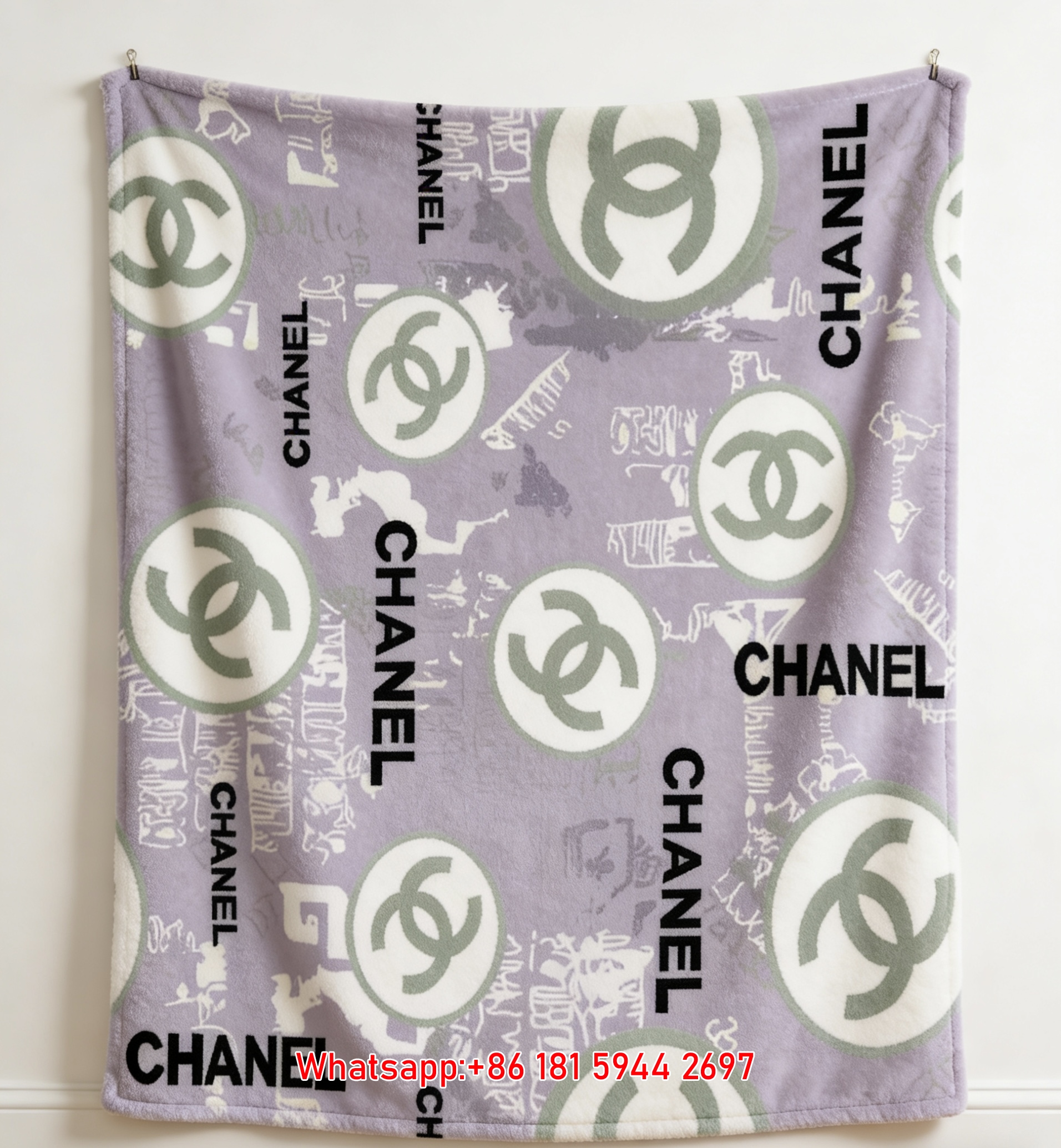 Chanel Sage Green CC Logo Lavender Flannel Throw Blanket IMG_7074